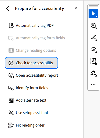 Screenshot of Check for accessibility action option selected within the Prepare for accessibility panel