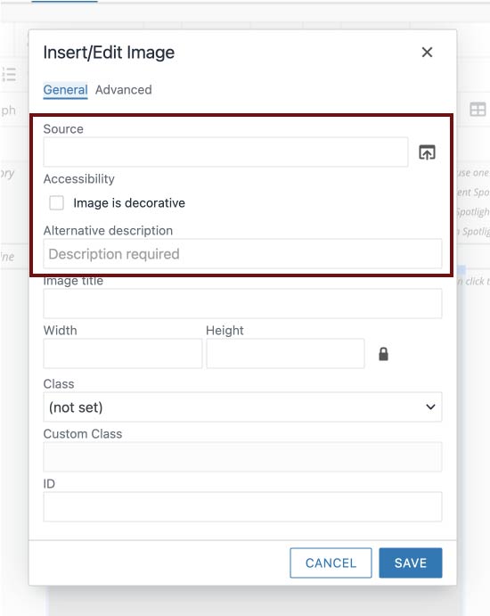 The Insert/Edit Image modal over a Multipurpose List Snippet. Empty fields for Source, Accessibility, and Alternative Description are emphasized with a garnet rectangle.