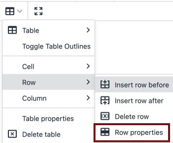 Screenshot of the OU Campus editor toolbar with the table options dropdown active, next to the Expand Content icon. The table menu shows options for Cell, Row, and Column. Row is selected with a grey background, and a submenu shows options for Insert Row Before, Insert Row After, Delete Row, and Row Properties, which is highlighted in a garnet rectangle. The dropdown also shows options for Table and Toggle Table Outlines above and Table properties and Delete Table at bottom.