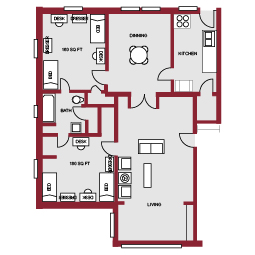 A floor plan of a sample 820 Henderson residence hall room. Two bedrooms with a bathroom in between are on the left side of the floor plan. In the top middle of the plan is a dining room. A kitchen is to the righ and living room makes up the remainder of the floor plan.