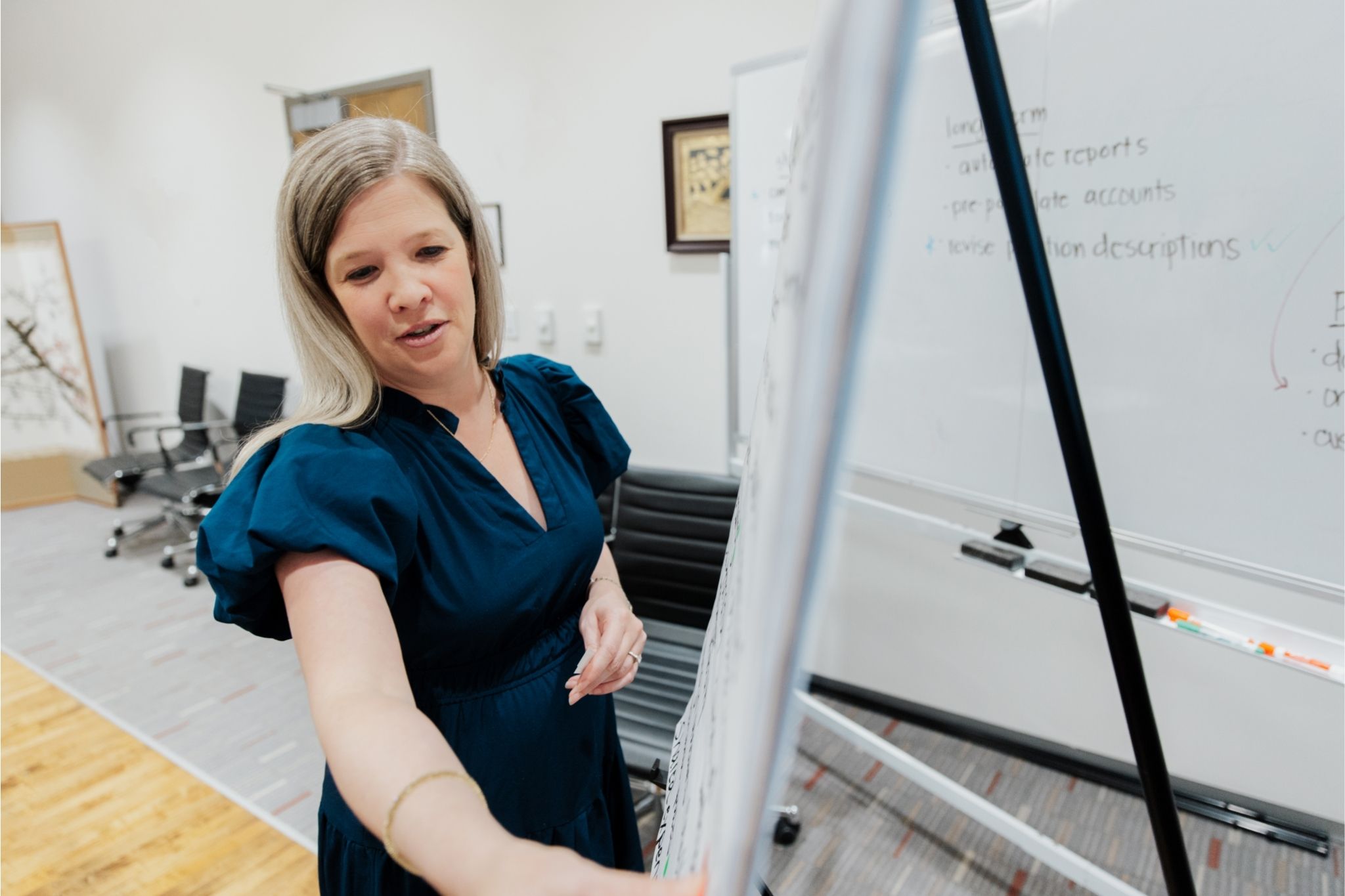 Female leader writing on a paper board.
