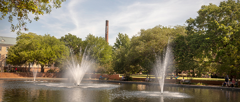 image of fountains at the reflection pond in front of thomas cooper library