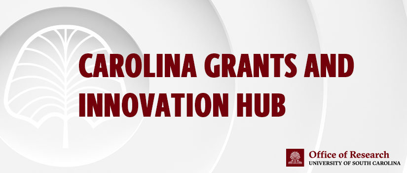 Banner-style graphic with a textured grey background. Text on the graphic appears in garnet, and reads: "Carolina Grants and Innovation Hub." Below the text is the University of South Carolina Office of Research logo.