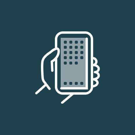 Decorative illustration of a hand holding a smartphone on a dark blue background.