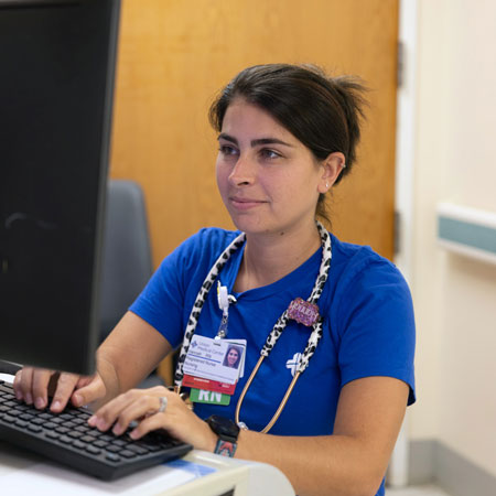 Nursing student entering records into a computer