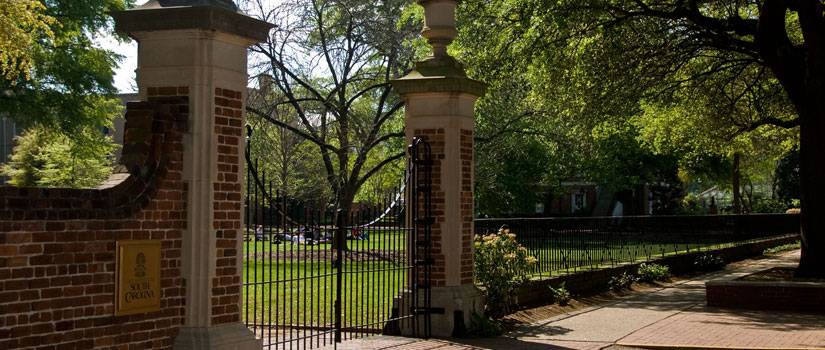 Iron gates with a USC plaque on them.
