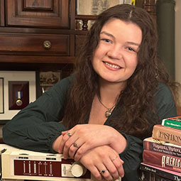 woman in period cosutme outside