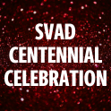 White text that reads "SVAD CENTENNIAL CELEBRATION" on a garnet sparkly background.