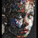 "Inheritance" by Kirkland Smith. It depicts a portrait of a woman made by assembling post-consumer materials.