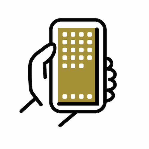 Graphic of a hand holding a smart phone.