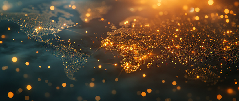 Abstract world map with glowing golden lights and connected points symbolizing global networks, data, and international collaboration in research and innovation.