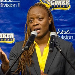 Shannon Johnson Shannon Johnson during a press conference as coach for Coker College