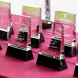 Awards on a table