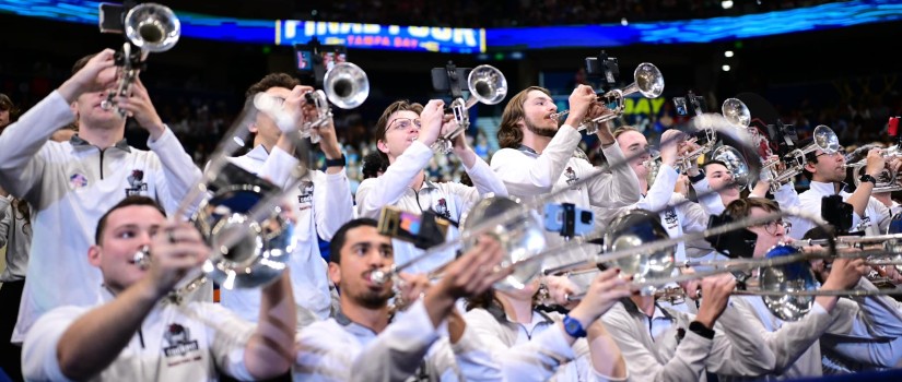 Band playing in basketball stands at Final Four