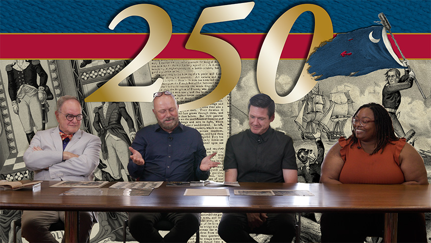 Four scholars look at documents on a table, background collage of documents with "250" in text on top