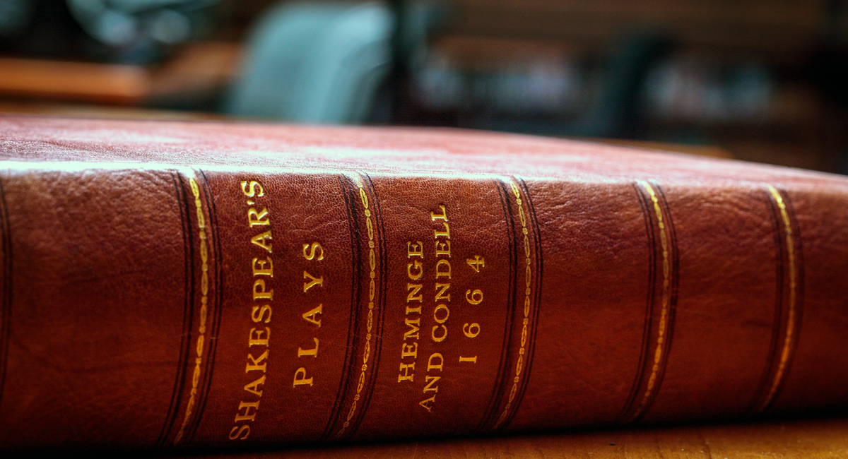leather bound copy of the third folio with words in gold "shakespear's plays" "Heminge and Condell 1664"