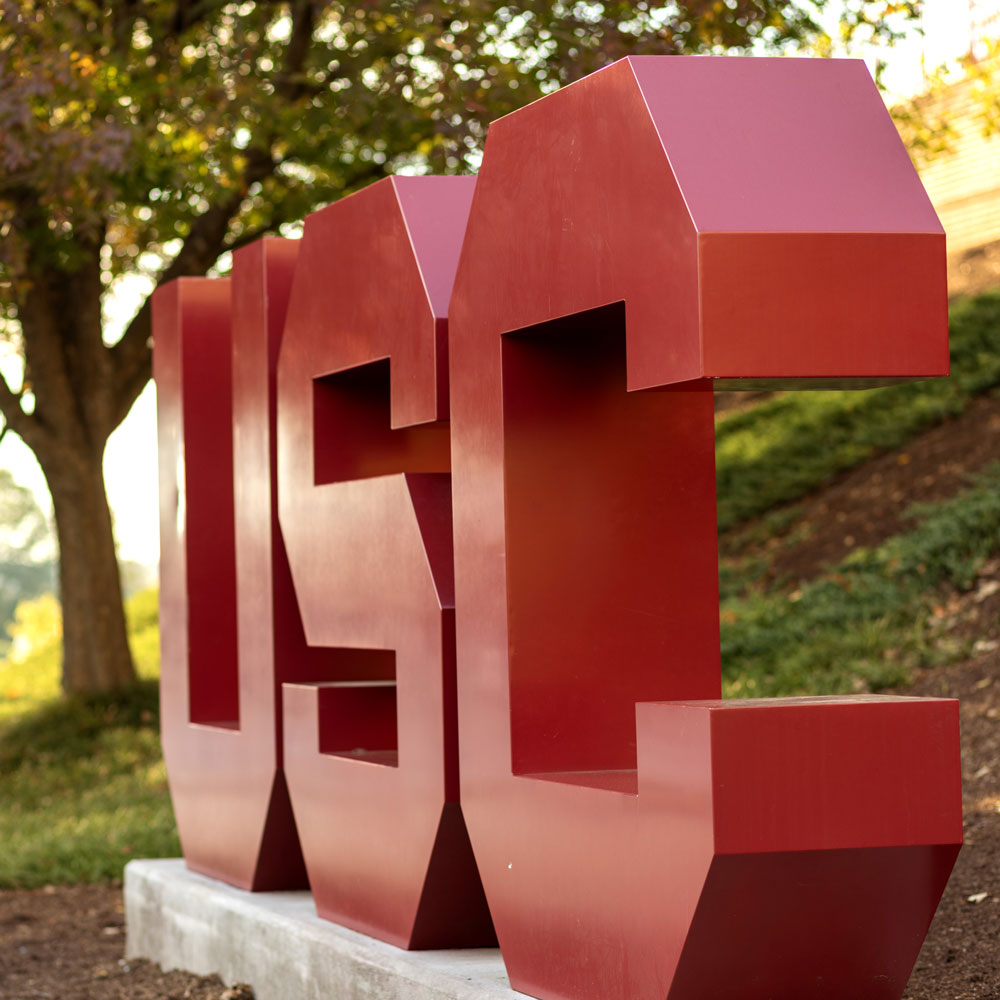 Garnet USC statue located outside of Colonial Life Arena