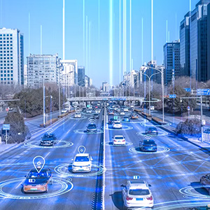 A photo illustration depicting a busy highway with device communication routes highlighted