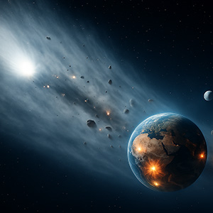 AI-created image of a comet hurtling toward Earth, with some pieces making impact